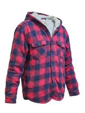 Boston Traders Red and Navy Sherpa Lined Plaid Jacket with Hood Men's Size Med